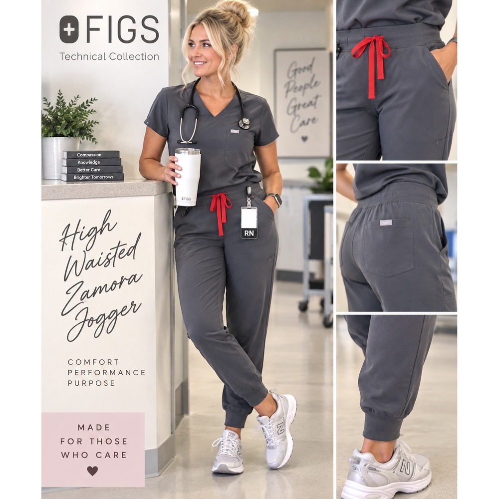 FIGS High Waisted Zamora Jogger Scrub Pants Women L Petite Gray Technical